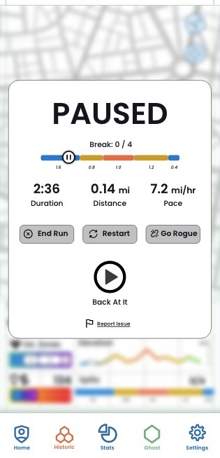 Runnit paused screen with End Run, Restart and Go Rogue options and a Report Issue link