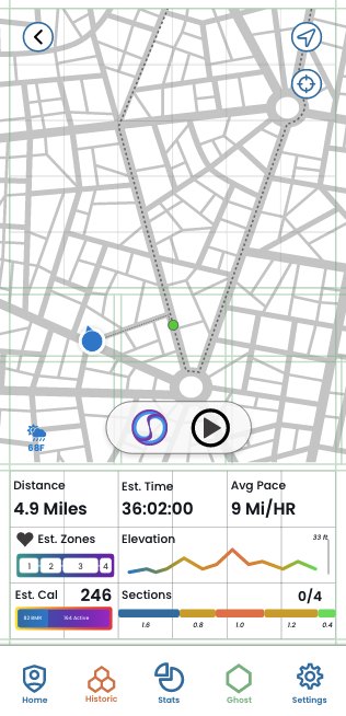 Runnit pre-run screen: route preview with distance, estimated time, pace, heart-rate zones, elevation and sections