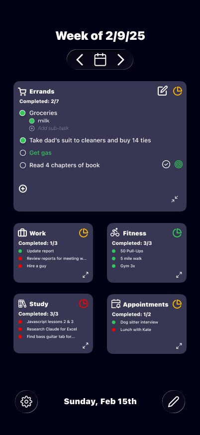 Tasquel on iPhone: a week of category cards, with Errands expanded to show its tasks